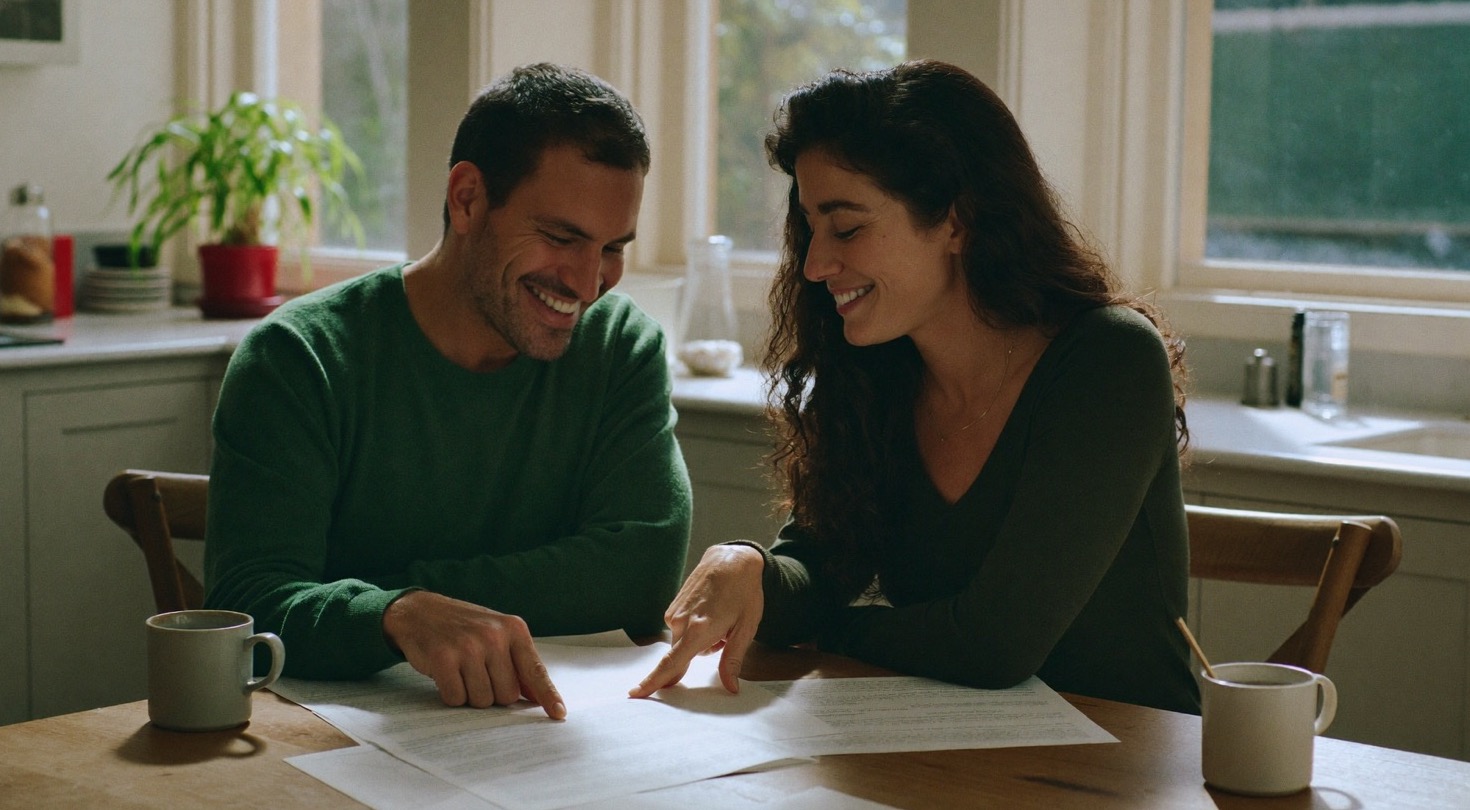A couple at their kitchen table in the evening, sorting out their coverage together