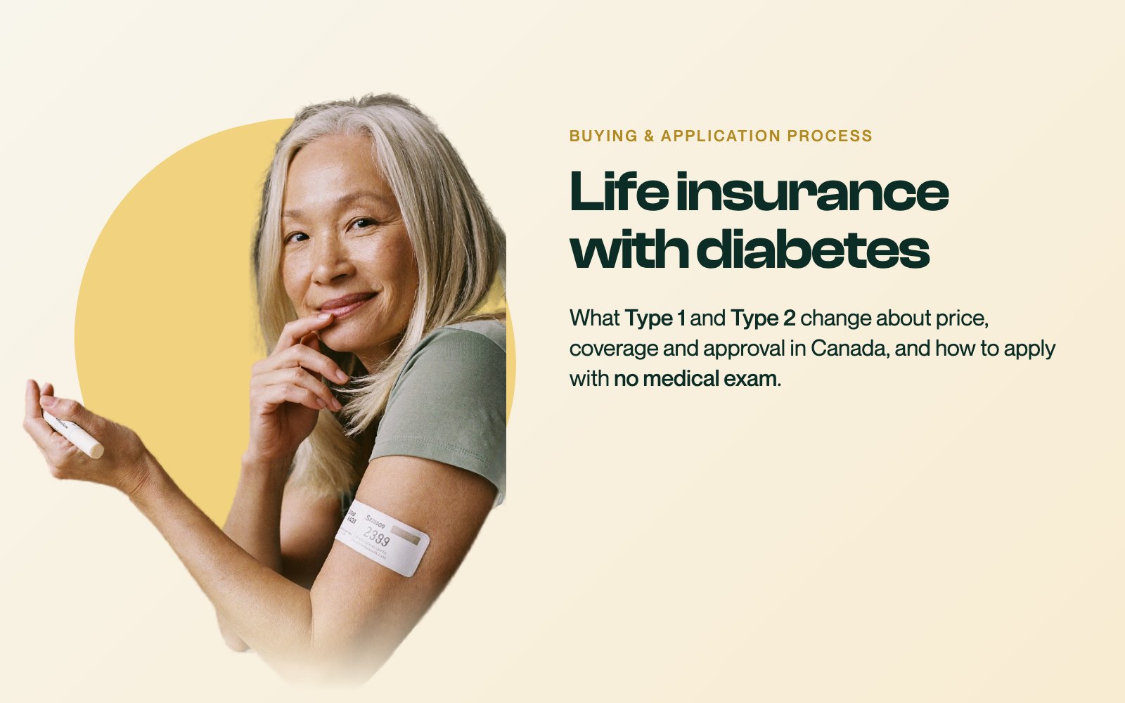 A smiling woman in her fifties in an olive tee with a glucose sensor on her arm beside the headline about life insurance with diabetes on a branded Oneday card.