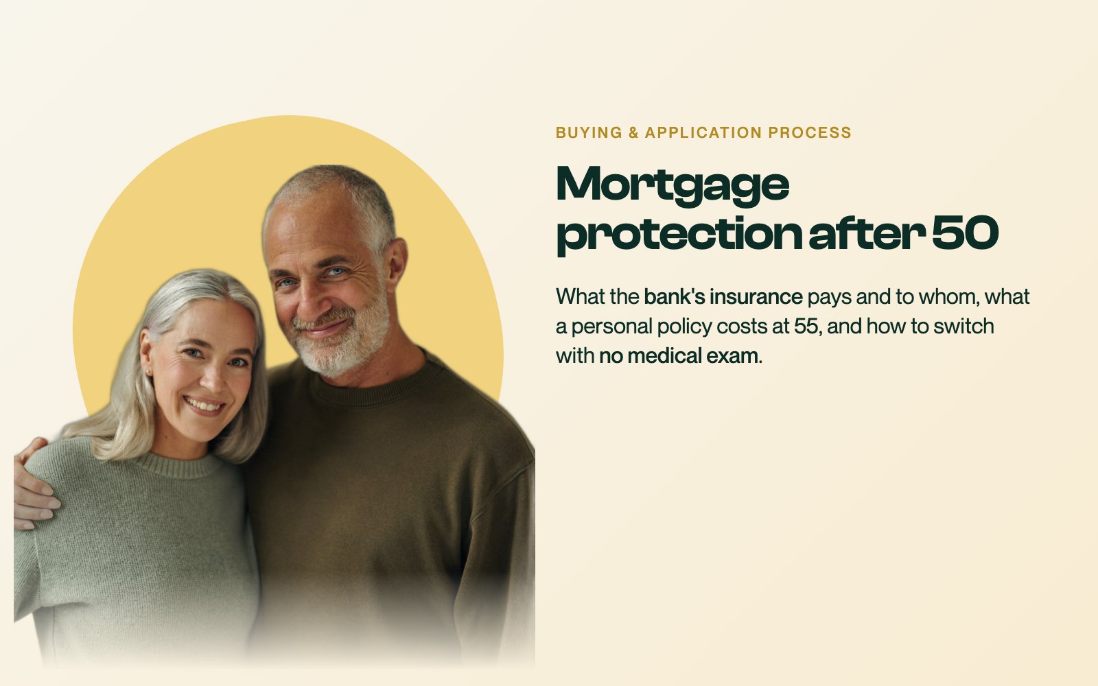 A couple in their late fifties standing close together in green knits, beside the headline about mortgage protection after 50 on a branded Oneday card.