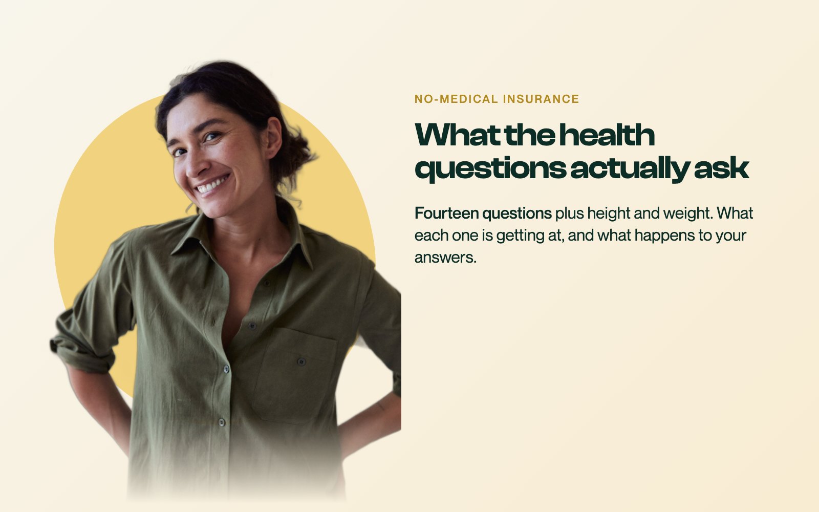 A thoughtful woman in her mid thirties in an olive shirt, beside the headline about what the health questions ask on a branded Oneday card.