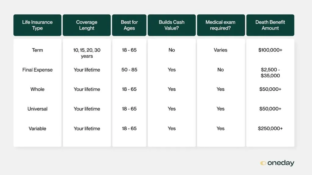 A chart breaking down the types of coverage by life insurance type