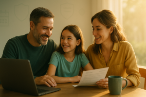 Middle-aged Canadian couple smiling while discussing charitable giving plans at home, soft natural light and gentle background accents suggesting generosity and legacy planning.