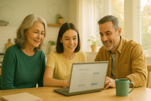 Middle-aged Canadian parents with their child reviewing finances at a kitchen table, laptop open, warm natural light suggesting family planning and protection.